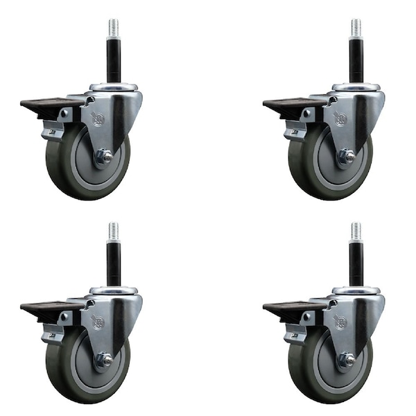 4'' Gray Poly Swivel 3/4'' Expanding Stem Caster Set with Brake, 4PK